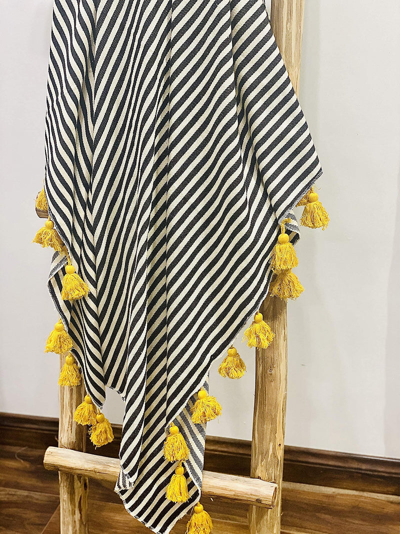 Award Velvets Black and White Stripes Medium Size Throw with Mustard Pom Pom | 50 x 60 inches| Cotton| breathable