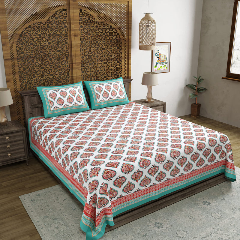 BLOCKS OF INDIA Hand Block Printed 200 TC Cotton King Size Bedsheet (Turquoise Motifs)