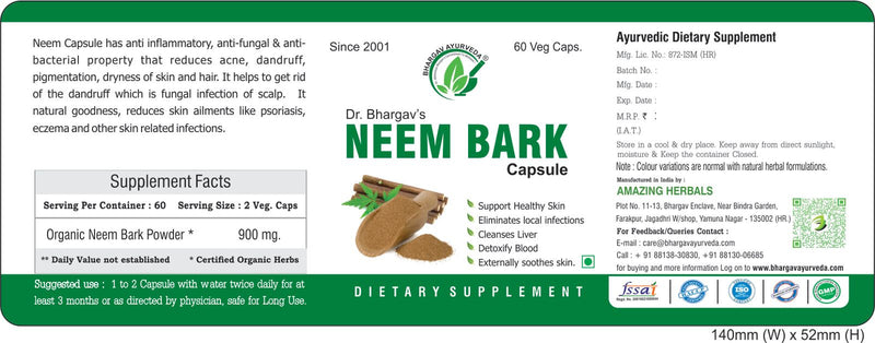 Dr.Bhargav’s I Neem bark Capsules | Support Healthy Skin | Cleanses liver |Kills germ I Bacteria I Virus | Cures boils I Rashes| Detoxify body |Reduce viral load |60 Capsules