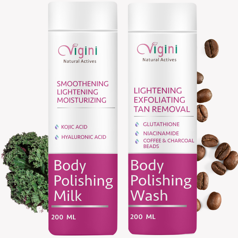 "Vigini Skin Lightening Whitening Polishing Exfoliator Coffee Tan Pigmentation Scrub Shower Gel Wash With Body Smoothening   Moisturizing Milk Lotion Kojic Hyaluronic Acid-400ml"