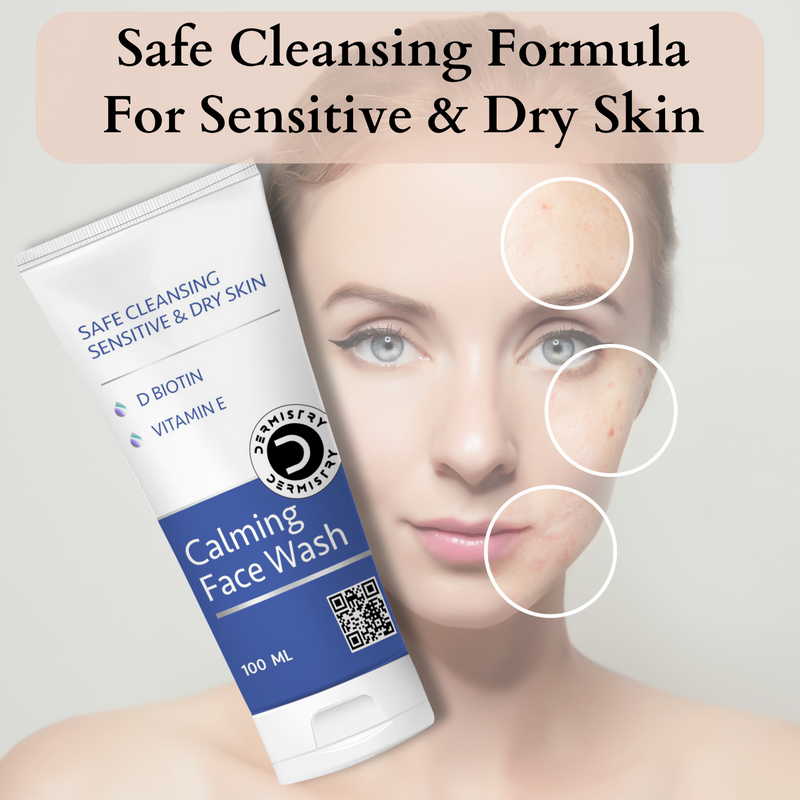 Dermistry Sensitive & Dry Skin  Care Calming Soothing Creamy Mild Safe Moisturizing Soap Free Face Wash Safe Gentle Cleansing I Sulphate Free I D Biotin Vitamin E I Suits Combination & All Skin Types I Men Women 100 ml