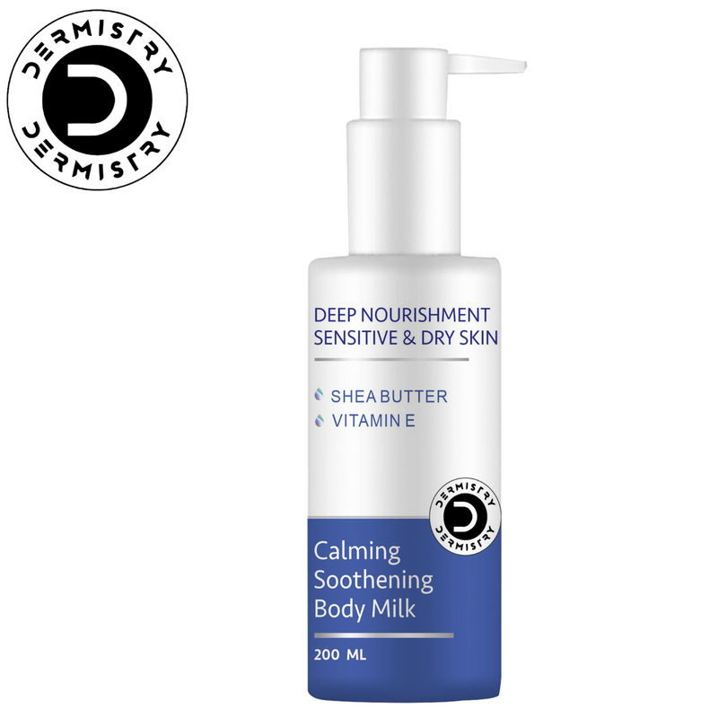 Dermistry Calming Soothing Body Milk Lotion Sensitive & Dry Skin Deep Nourishment Moisturizer Shea Butter, Vitamin E Non-Greasy, Repairs Smoothens Men Women 200 ml