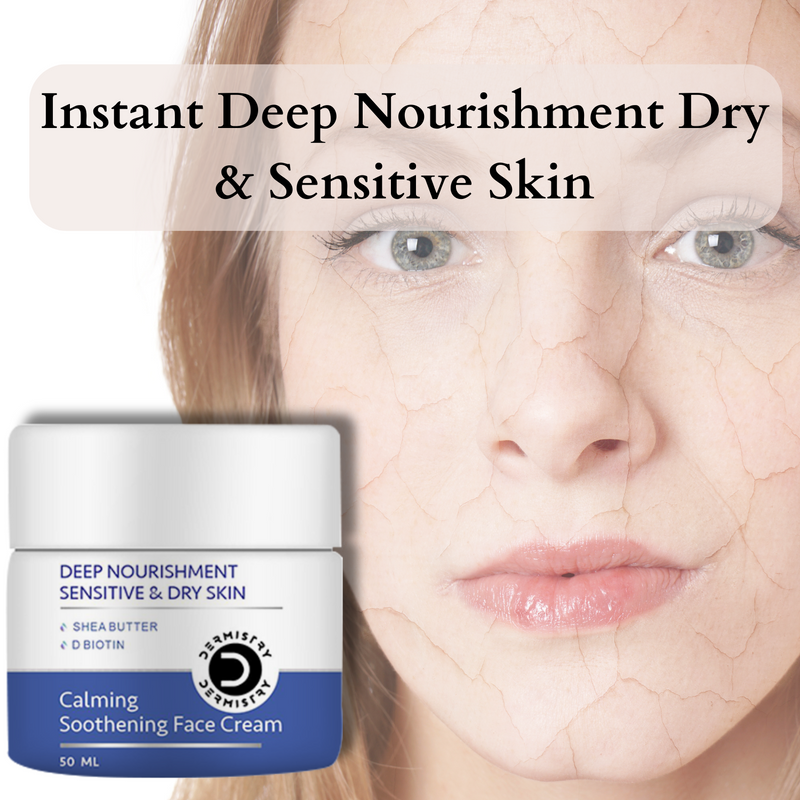 Dermistry Sensitive & Dry Skin Care Deep Nourishment Calming Soothing Glowing Face Cream I Light Weight Winter & All Season Daily Use Nourishing Moisturizer I Shea Butter D Biotin Hyaluronic Acid I Men Women 50ml