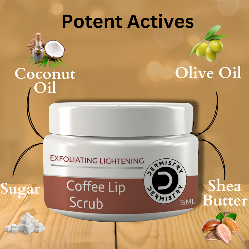 Dermistry Exfoliating Lightening Coffee & Sugar Lip Scrub for Reduction of Dark Smoker Pigmentation & Healing Dry Chapped Lips I Shea Butter I Olive Oil I Coconut Oil I Sugar I Brightening Men Women 15ml