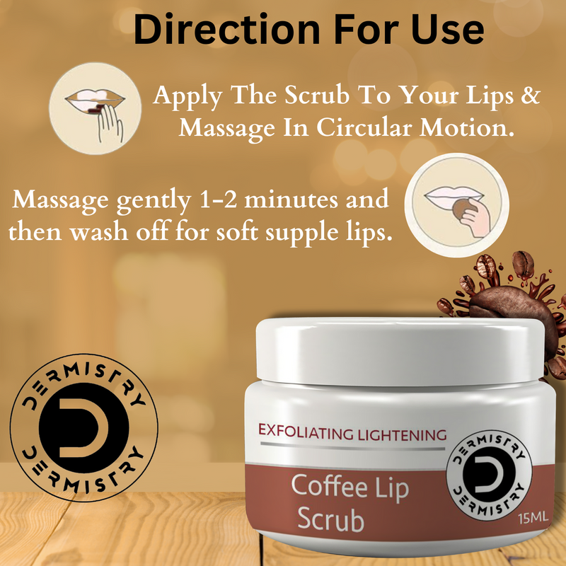 Dermistry Exfoliating Lightening Coffee & Sugar Lip Scrub for Reduction of Dark Smoker Pigmentation & Healing Dry Chapped Lips I Shea Butter I Olive Oil I Coconut Oil I Sugar I Brightening Men Women 15ml