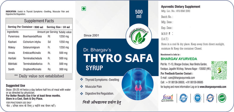 Dr.Bhargav’s I Thyro-safa Syrup | Thyroid Hormones | Digestive | Fatigue I Sluggish Metabolism | Weight loss  | TSH Hormone |Obesity I Thyroid I Hypo Thyroid I Hyper Thyroid Problem | 500ml Syrup