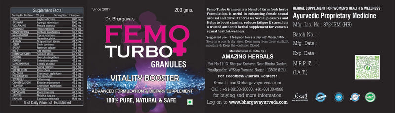 Dr.Bhargav’s I Femo Turbo Granules I Energy booster | Fatigue buster I Periods Treatment | Supplement of Thyroid weakness | Reproductive organs| Reduce fatigue I Stress | 200gm Granules