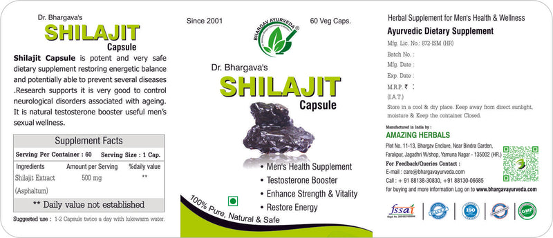 Dr.Bhargav’s I Shilajit Capsules | Testosterone Booster | Restore energy and power I Vitality | Energy Weakness I Hyperacidity I Excessive body heat I 60 Capsules