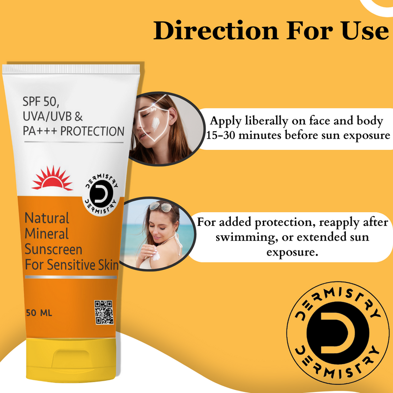 Dermistry Natural Mineral Based Sunscreen for Sensitive Skin & Children with SPF 50 UVA UVB PA+++ Sun Protection Moisturizer Water Resistant Men And Women 50ml