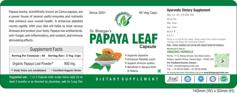 Dr.Bhargav’s I Papaya Leaf Capsules | Supports digestion | Beneficial in Dengue Fever I Malaria | Support immune system | Enhances Platelets count | Fever herbal Medicine | 60 Capsules