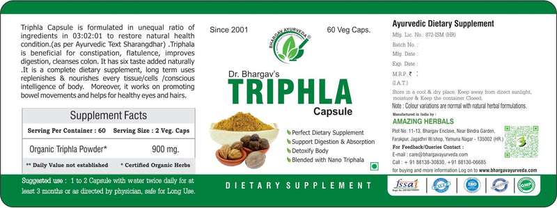 Dr.Bhargav’s I Triphla Capsules | Vata I Pitta I Kapha | Digestion I Detoxifier|  Detox Gut I Body | Anti-Oxidant | Acidity| Nourishment I Tissue I Cells I Conscious Intelligence I 60 Capsules