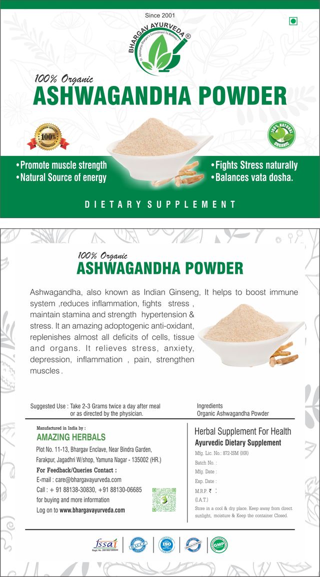 Dr.Bhargav’s | Fights anxiety I Stress Naturally|Effective in Low BP I Arjun Capsule| Sexual Power| Dysfunction| Enhances Immunity|Organic Ashwagandha Root Powder 100gm |Indian Ginseng Powder