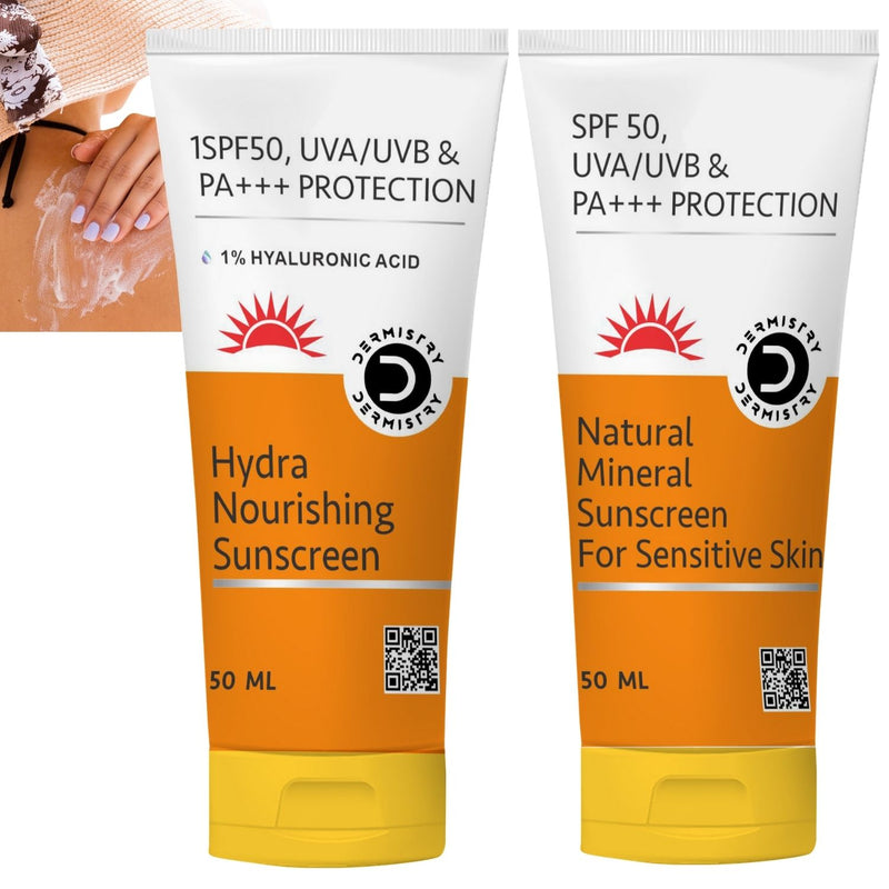 Dermistry 1% Hyaluronic Acid Ultra Hydrating Sunscreen Aqua Gel & Natural Mineral Based Sunscreen for Sensitive Skin  & Children with SPF 50 UVA UVB PA+++ Sun Protection  I Water Based Daily Use For Men & Women ( Pack of 2 - 100 ML )