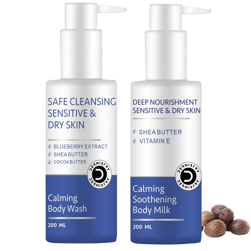 Dermistry Sensitive & Dry Skin Calming Soothing Thick Creamy Body Wash &  Calming Soothing Body Milk Lotion Sensitive & Dry Skin Deep Nourishment Moisturizer  I Vitamin E Non-Greasy, Repairs Smoothens For Men & Women ( Pack of 2 - 400 ML )