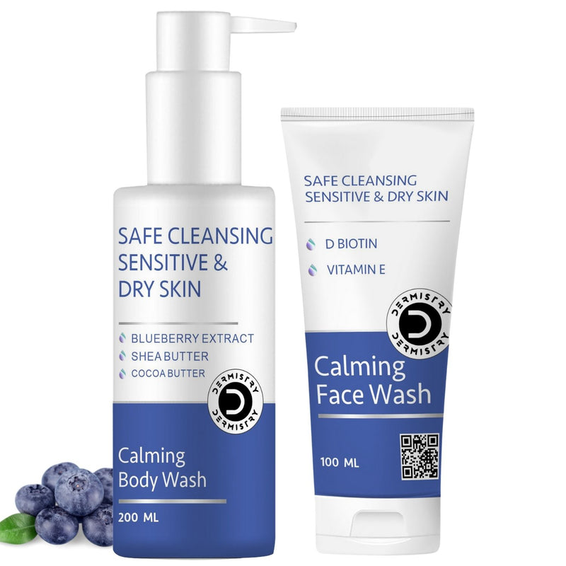 Dermistry Sensitive & Dry Skin Calming Soothing Thick Cream Body Wash & Sensitive & Dry Skin  Care Calming Soothing Creamy Mild Safe Moisturizing Soap Free Face Wash Safe Gentle Cleanser I Blue Berry I For Men & Women ( Pack of 2 - 300 ML )