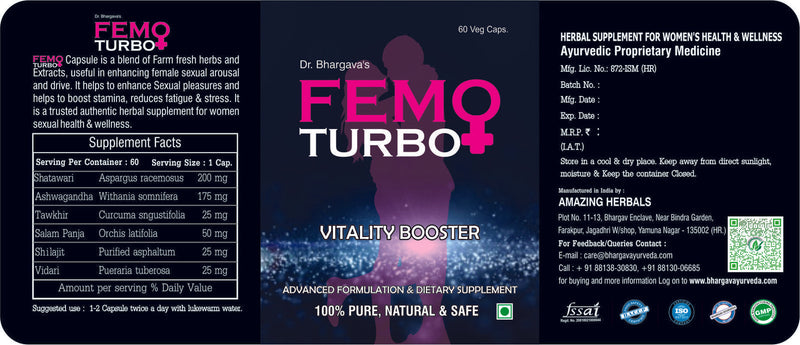 Dr.Bhargav’s I Femo turbo I Energy Booster | Fatigue Booster Supplement |Irregular periods treatment | Ayurvedic I Infertile women| Supplement of Thyroid weakness | Reproductive organs | 60 Capsules