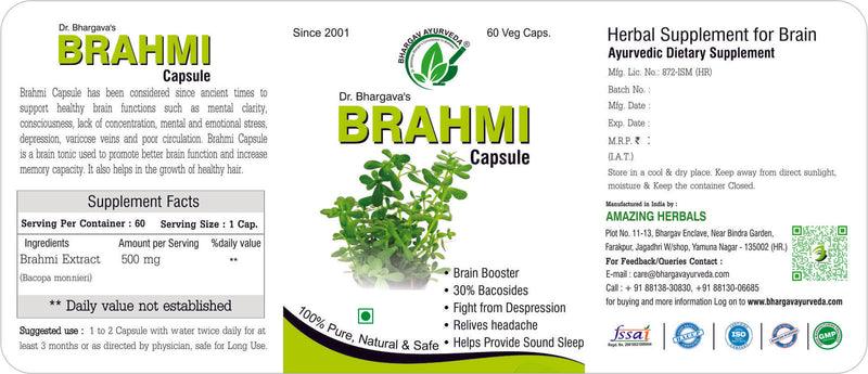 Dr.Bhargav’s I Brahmi Capsule |Brain Booster | Headache | Brain Nerve| Heart Weakness I Palpitation I Confusion I Nervousness I Arjun Capsule |Relieves stress I Depression I Relaxocalm| 60 Capsules