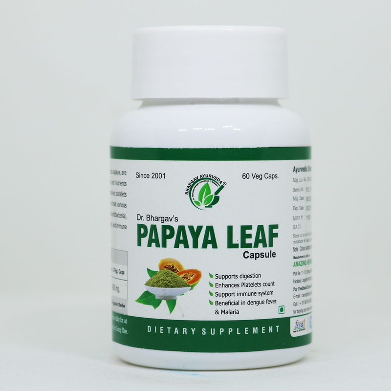 Dr.Bhargav’s I Papaya Leaf Capsules | Supports digestion | Beneficial in Dengue Fever I Malaria | Support immune system | Enhances Platelets count | Fever herbal Medicine | 60 Capsules