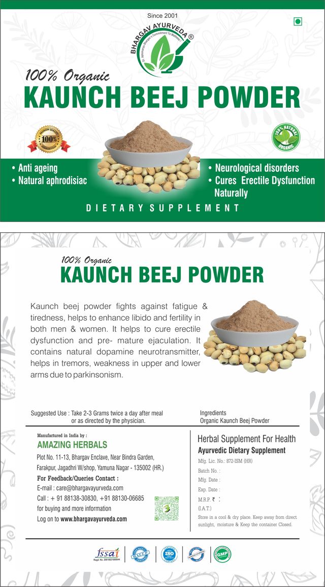 Dr.Bhargav’s I Kaunchbeej Powder | Dysfunction I Fights fatigue I Tiredness| Hormone L-Dopa I Serotonins | Medha-D Capsules| Fertility I Nerve Tonic |Premature Ejaculation Dysfunction| 100gm