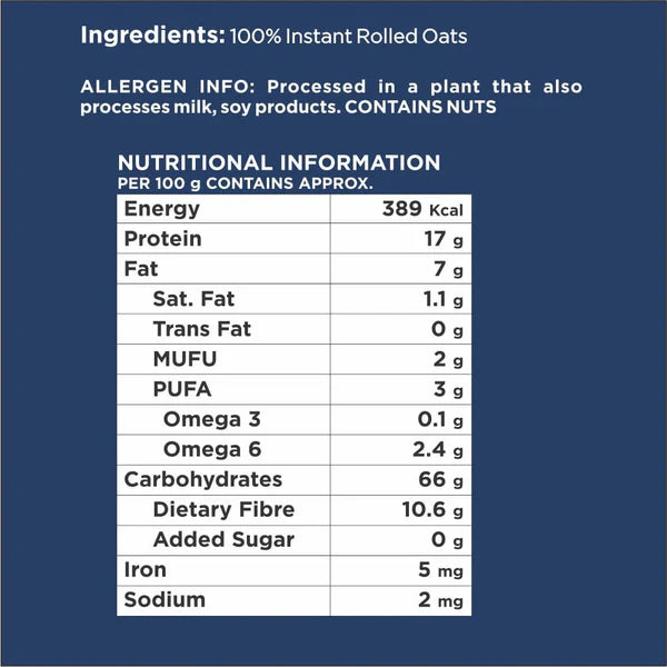 Getmymettle Instant 100% Natural Oats with 389 Kcal Energy | 66g Carbohydrates | 500gm