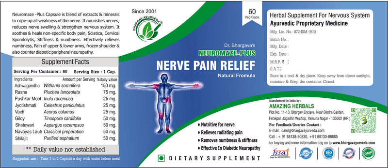 Dr.Bhargav’s I Neuromaze-Plus Capsules | Nerve Pain Relief | Removes Numbness I  Stiffness| Sciatic Pain | Nerve Swelling  I Leg Arms Numbness Pain I Sugar patients| Cervical Pain| 60 Capsules