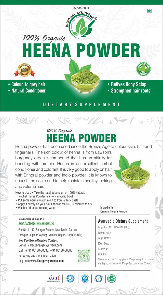 Dr.Bhargav’s I Heena Powder | Color to grey hair | Natural hair Conditioner | Relieves itchy Scalp | Strengthen hair roots |Removes dandruff | External Use Only | 100gm