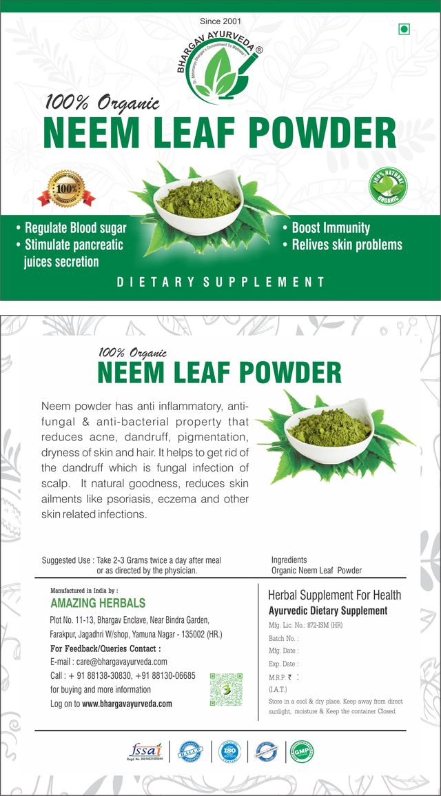 Dr.Bhargav’s I Neem Leaves Powder | Sun Dried I Skin I Hair Growth | Regulate Blood sugar | Relives skin problems | Boost Immunity | Help lower blood sugar levels |Strengthen Pancreas | 100gm