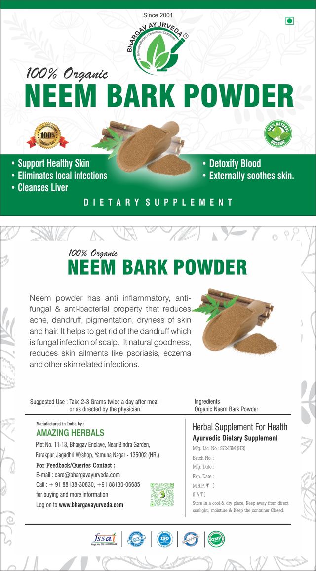 Dr.Bhargav’s I Neem Bark Powder | Support Healthy Skin | Cleanses liver |Kills Germs I Bacteria I Virus | Cures boils I Rashes| Detoxify body |reduce Viral load |100gm