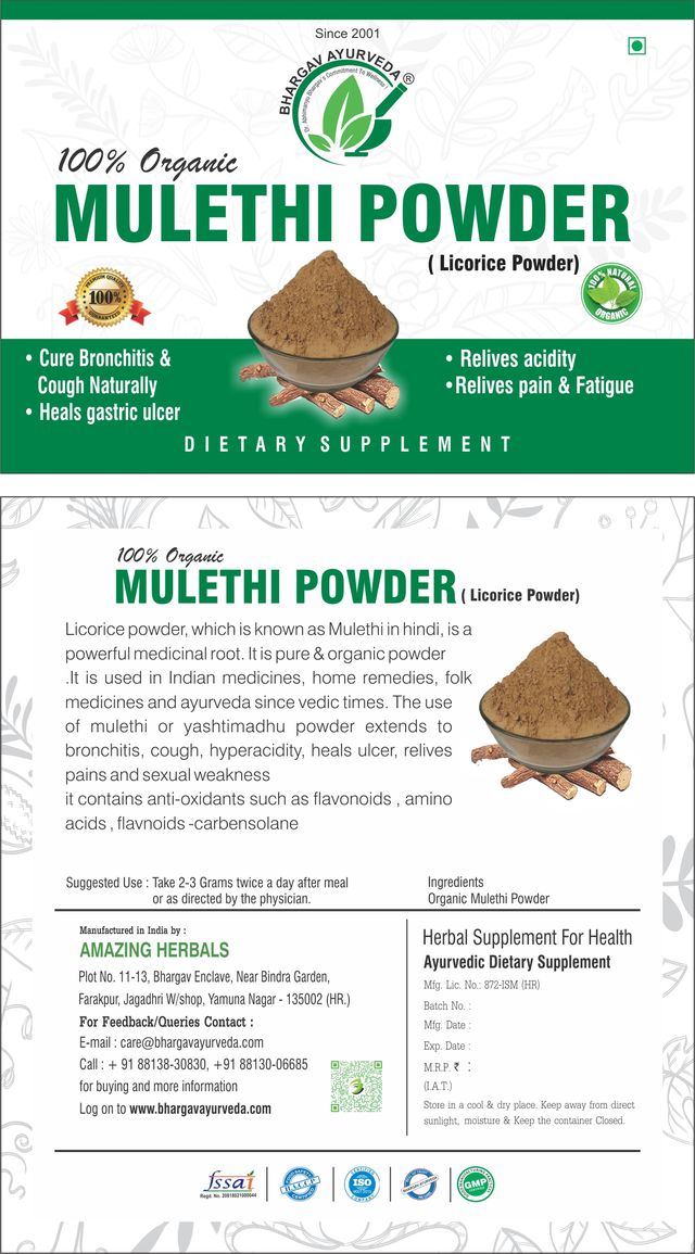 Dr.Bhargav’s I Mulethi Powder | Face | Skin | No added Chemicals|Bronchitis I Cough| Fatigue | Gastric Ulcer I Hyper Acidity Medicine | 100gm