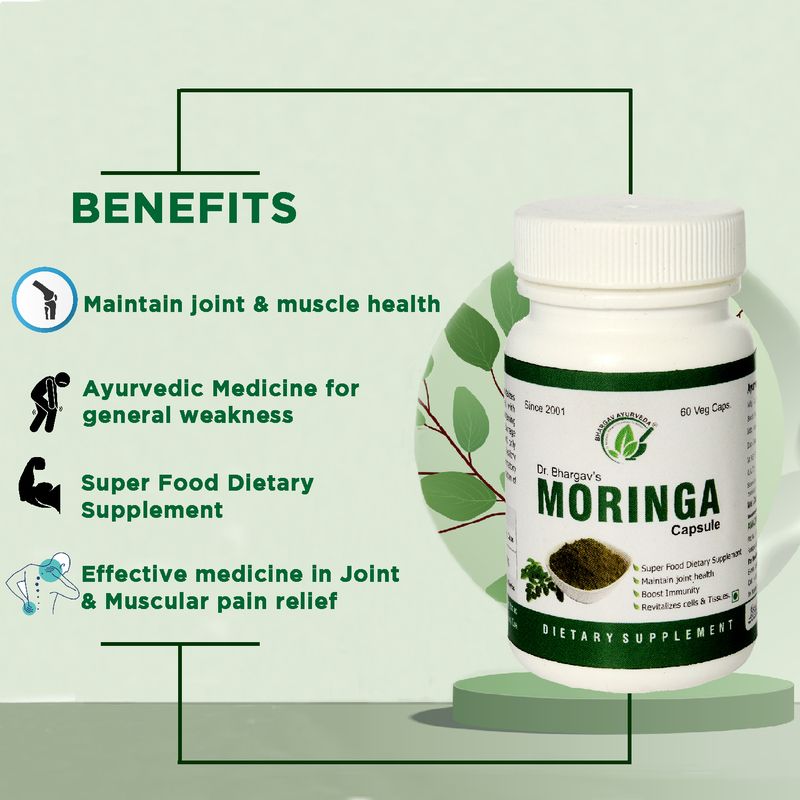 Dr.Bhargav’s I Moringa Capsules | Maintain joint I Muscle health | Vitamin I Minerals | Dietary Supplement | General Weakness| Tonic | Immunity Booster |Joint I Muscular Pain Relief | 60 Capsules