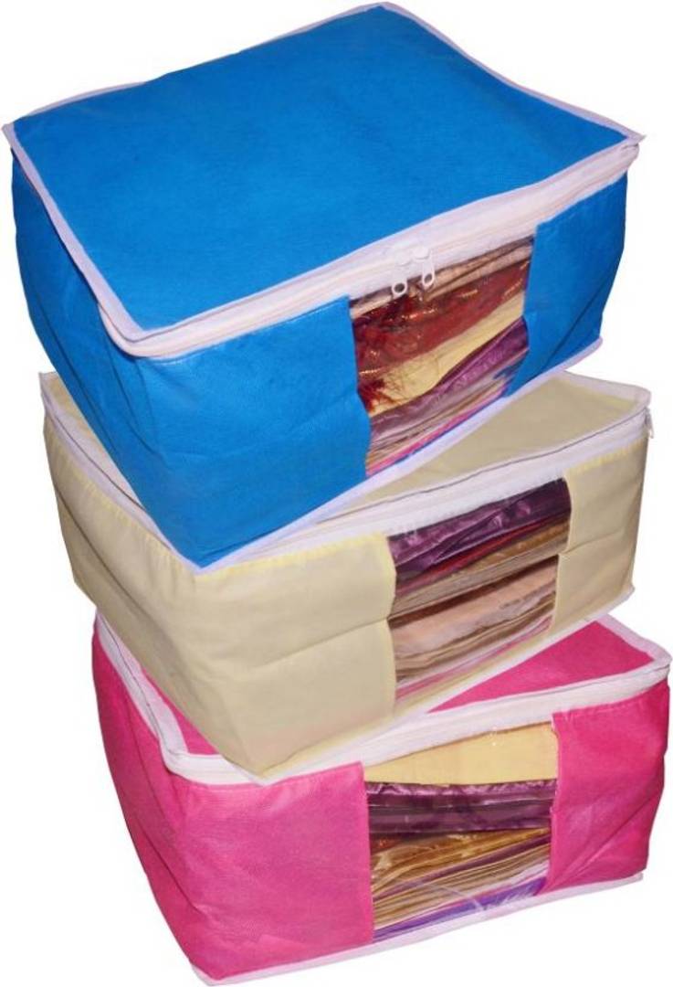 Pack Of 3 Non Woven  Saree Cover Organizer Bag Vanity Pouch Keep Saree/suit/travelling Pouch  (pink,blue,cream) - Free Shipping