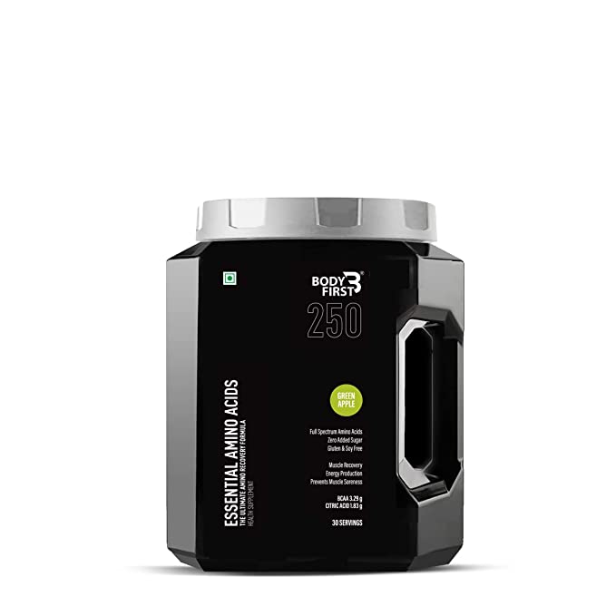Body First Essential Amino Acids - The Ultimate Amino Recovery Formula Containing 5.23g Eaa With 3.29g Bcaa For Muscle Building, Recovery, Strength, Energy & Endurance, Green Apple Flavour, 30 Servings