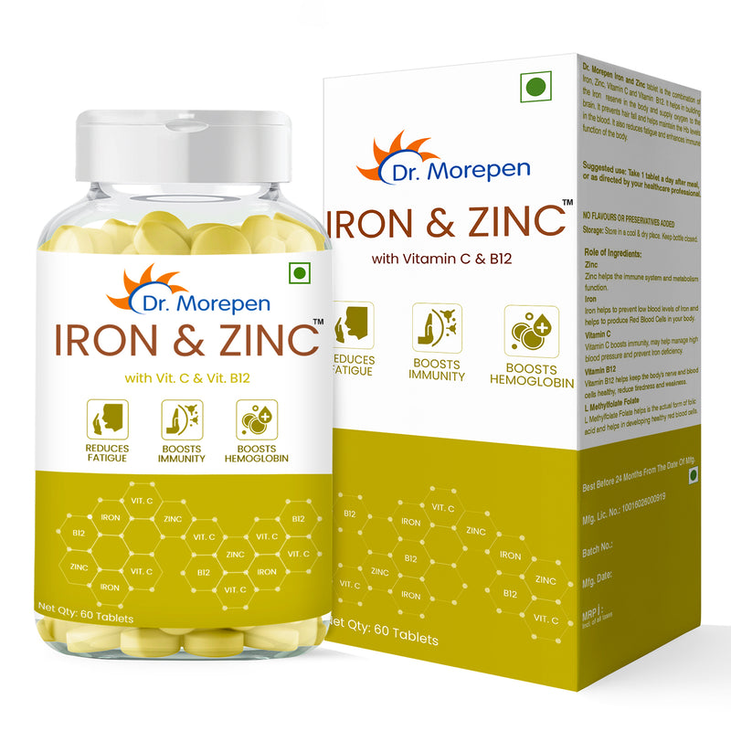 Dr. Morepen Iron & Zinc Tablets Enriched With Vitamin C & B12 | Immunity & Haemoglobin Booster | Increases Hb Level + Promotes Healthy Iron Levels | Reduces Fatigue, Improve Respiratory Health & Energy | 60 Veg Tablets