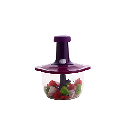 Amazon Brand - Solimo Manual Press Fruit & Vegetable Chopper, with 3 Stainless Steel Blades, 1 Whisker, Food-Grade Unbreakable Plastic Container, Anti-Slip Base, and Locking System, 1400 ml, Purple