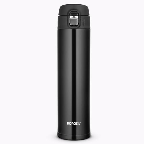 Borosil Hydra Nova Insulated Water Bottle, 500 ml, Stainless Steel Bottle, with Double Wall Vacuum Insulation, 16 Hours Hot & 18 Hours Cold, Black, 1 Year Warranty