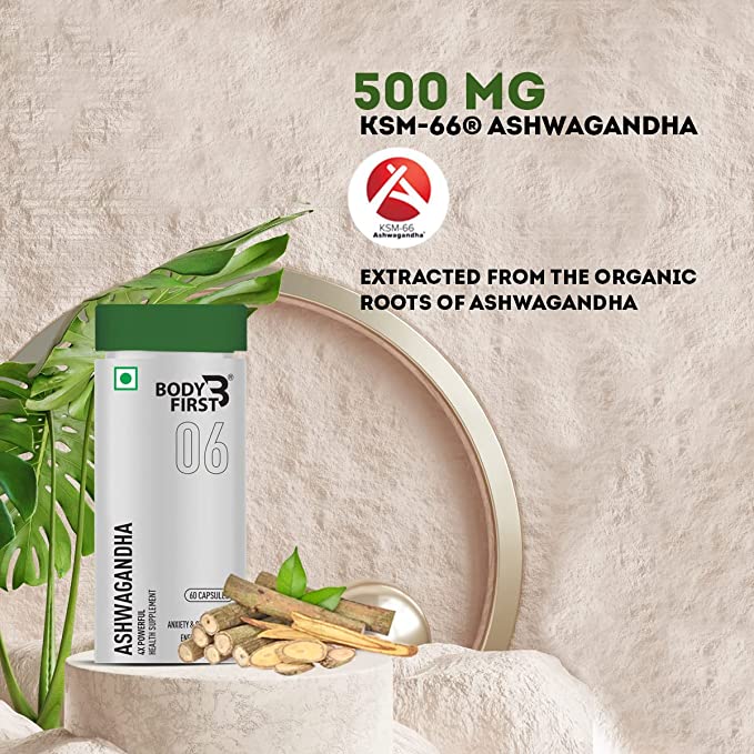Body First Ksm-66 Ashwagandha 500mg Capsule Standardized To 5% Withanolides - For Stress & Anxiety Relief, Energy & Endurance, Muscle Strength & Recovery, 60 Veg Capsules