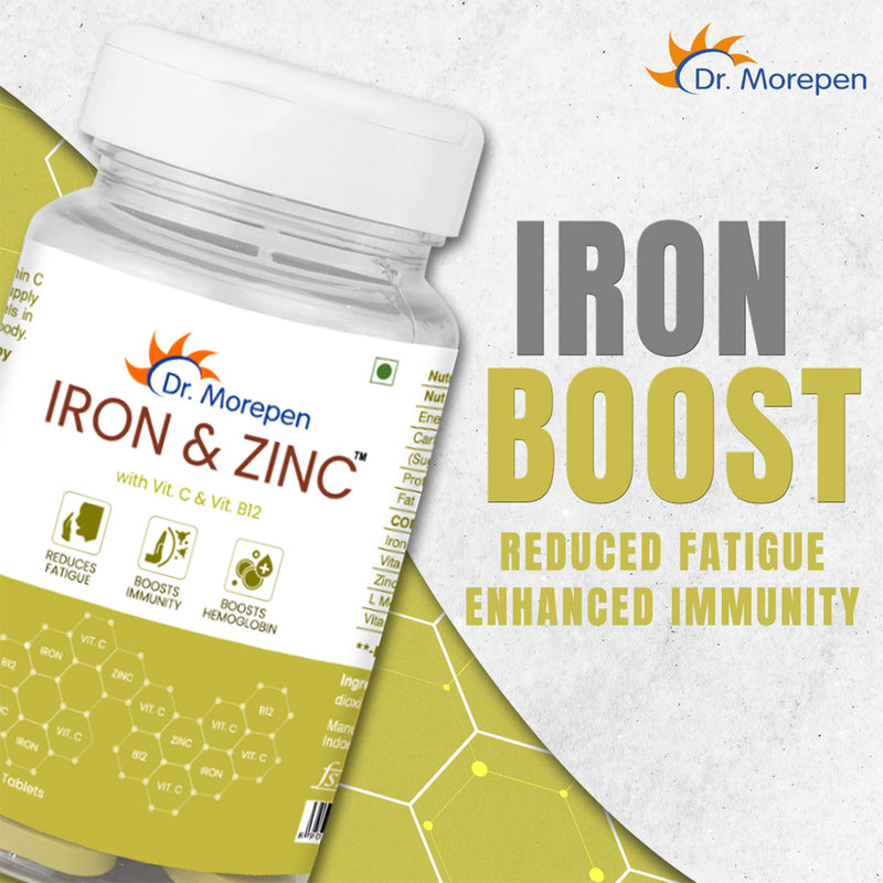 Dr. Morepen Iron & Zinc Tablets Enriched With Vitamin C & B12 | Immunity & Haemoglobin Booster | Increases Hb Level + Promotes Healthy Iron Levels | Reduces Fatigue, Improve Respiratory Health & Energy | 60 Veg Tablets
