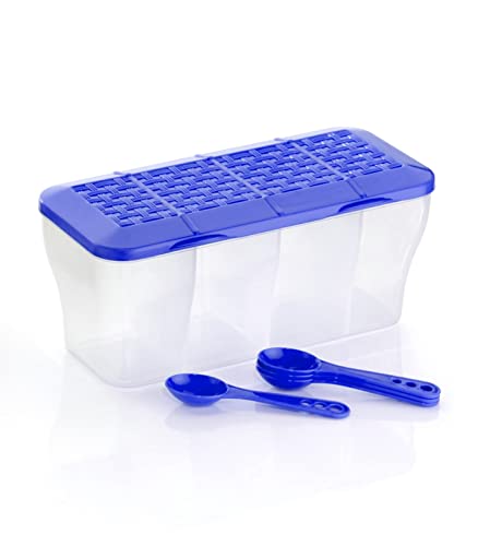 RILION Multipurpose Plastic 4 In 1 Masala Box for Kitchen, Transparent Pickel Box, 4 Compartment Storage Container Airtight For Cereal, Dry Fruits Dabba1800 Ml with 4 Spoons(Blue)