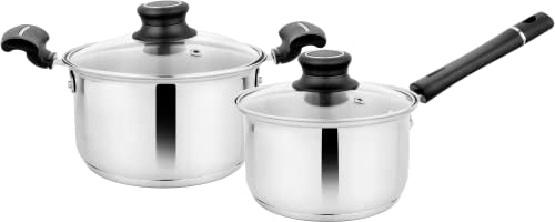 Steelcraft Premium Stainless Steel Gas Stove and Induction Friendly Accord Cookware Set /1 Pc Sauce Pan16 cm(1200ml) / 1 Pc Casserole 14 cm(850ml) with Glass lid, Silver, Set of 2