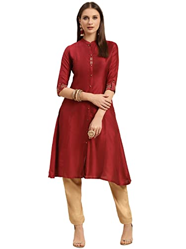 rangita Women Maroon Solid Embroidered Calf Length A Line Kurti with Sleeves Tabs, L