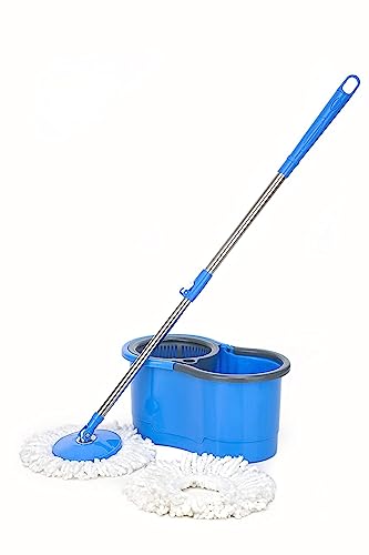 AVZEEGO Bucket Floor Cleaning and Mopping System Spin Mop Prime with Big Wheels and Stainless Steel Wringer,2 Microfiber Refills, (Blue)