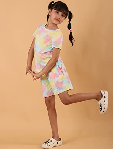 Tweeny Mini Girls Kids Cotton Co-ord Night Suit | Sleepwear | Nightwear | Tie & Dye Summer Loungewear with Top and Shorts for Kids Girl (Pure Cotton) - (Muilticolor)_10 Years-11Years Multicolour