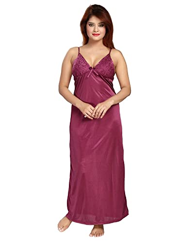 Be You Women's Satin Plain/Solid Maxi Nighty (Pack of 2) (BUF-NIGHTY-325_Magenta_Free Size)