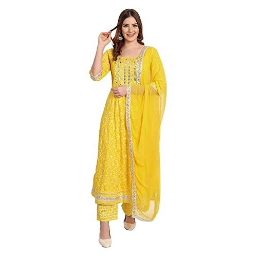 Rangnavi Women Rayon Anarkali Embroidered Printed Kurta Pant and Dupatta Set Yellow