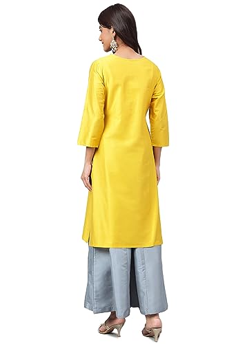 Janasya Women's Yellow Poly Silk Yoke Embroidered Straight Kurta(JNE4163-KR-M)