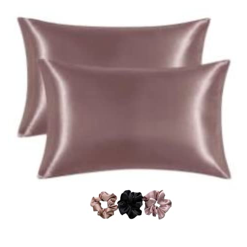 Go Well Satin Silk Pillow Cover for Hair and Skin 2 Piece with 3 Piece Satin Silk Soft Scrunchies|Silk Pillow Covers with Envelope Closure end Design|Silk Pillow Cases(Rose Taupe) 400 TC