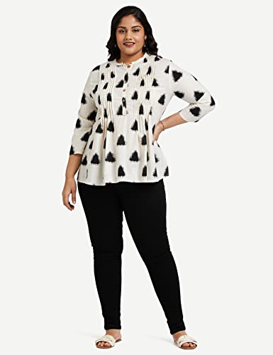 Amazon Brand - Myx Women's Cotton Screen Print Straight Short Kurti (SS17IKKATST02B_Off-White & Triangle_XL)