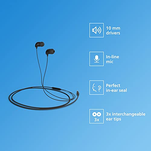 Philips Audio TAE1126 Wired in Ear Earphones with mic, 10 mm Driver, Powerful bass and Clear Sound, Black