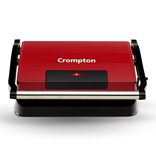 Crompton QuickServe 2 Slice Panini Maker with Floating Hinges | 700W Sandwich Maker | Golden Food Grade Non-Stick Coating Plates Sandwich Maker (Red)