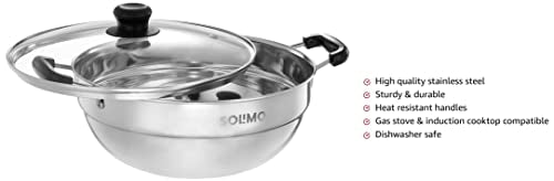 Amazon Brand - Solimo Stainless Steel Multi Kadai Induction Base, with Glass Lid & 2 Idli Plates